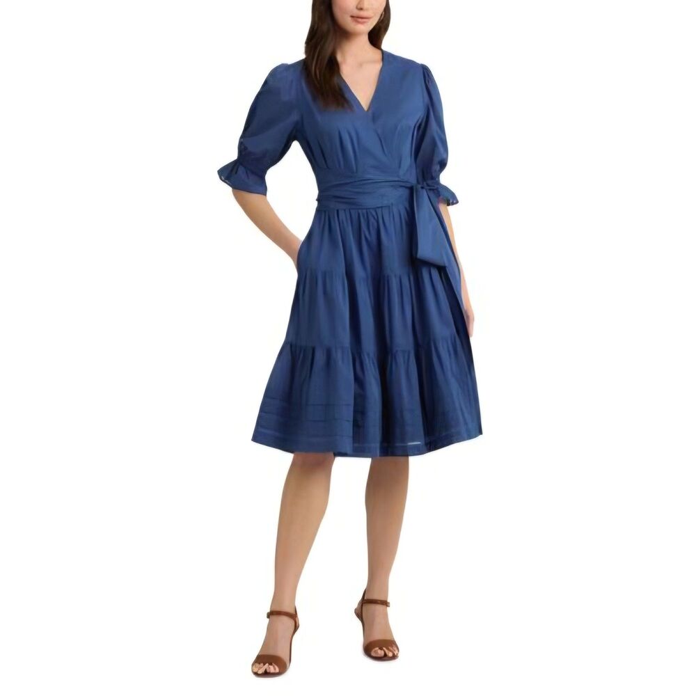 Lauren Ralph Lauren Indigo Dusk Tie-Front Cotton Voile Surplice Dress Size 10